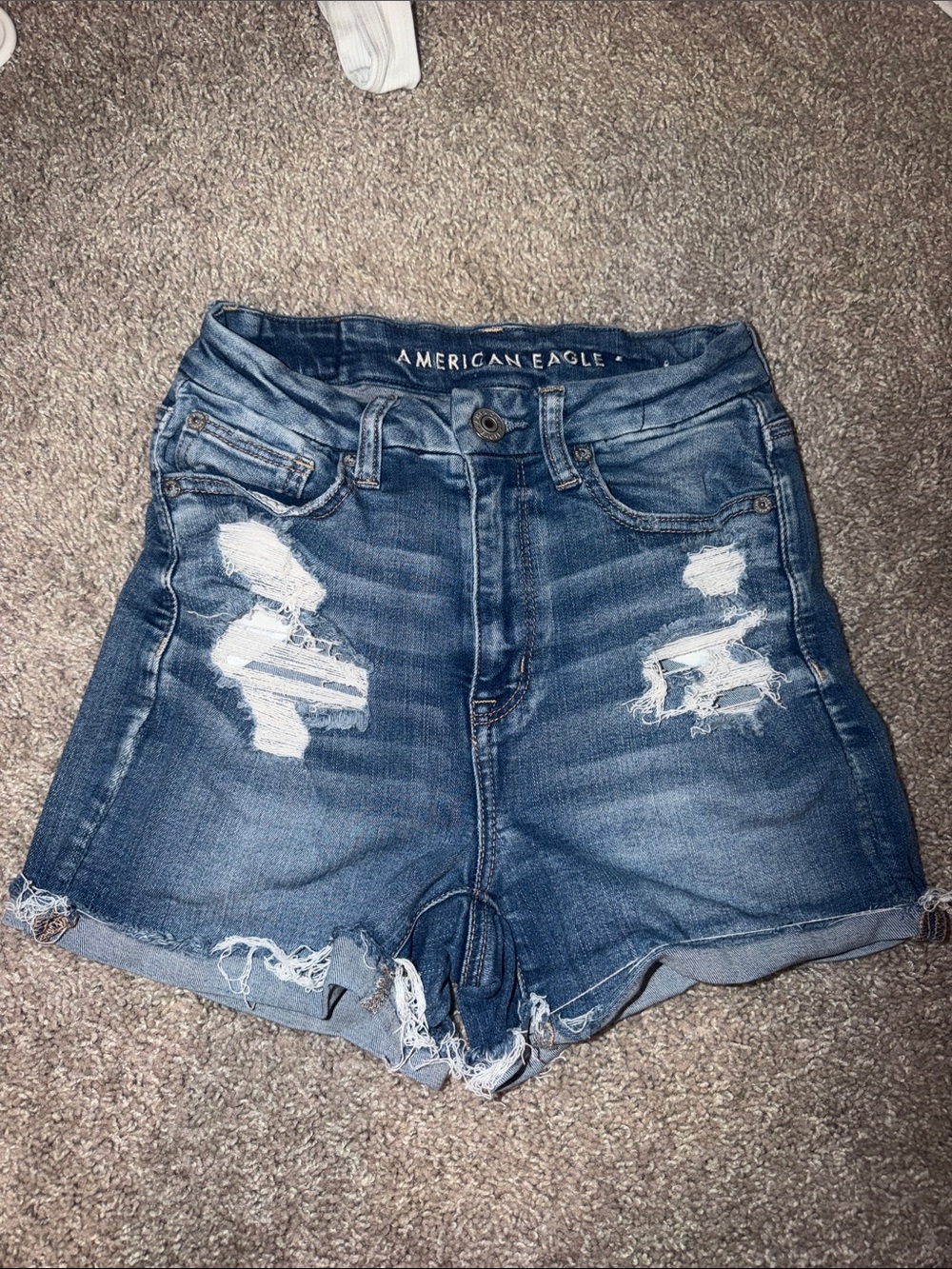 American Eagle Outfitters Distressed High-Rise Denim Shorts - Blue